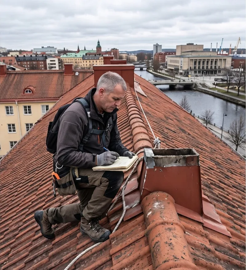 Besiktningsman i säkerhetssele antecknar fastighetens skick på ett tegeltak, med stadens hus och ån i bakgrunden